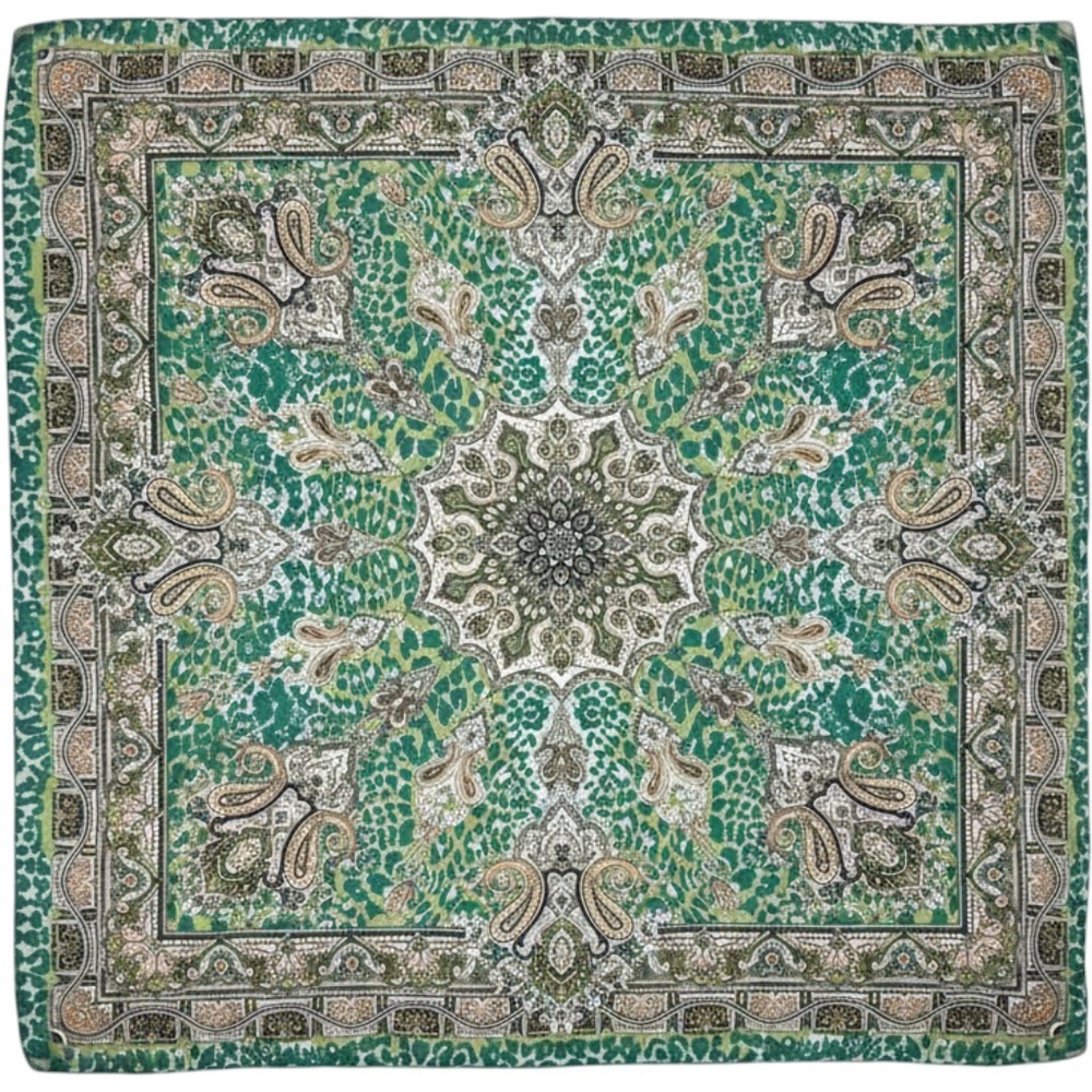 Vintage Glentex Square Scarf Green Paisley Mandala Animal Print Boho Japan 30x32